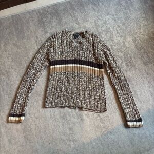 Vintage 90’s Sweater M V-neck Marled Knit Long Sleeve Cropped Striped Neutral